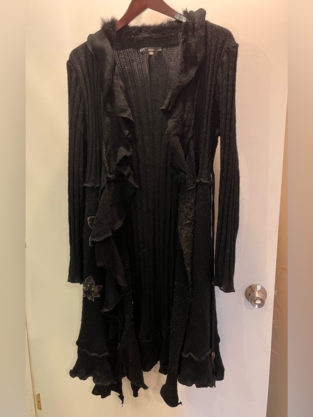 Sioni Black Ruffled Long Cardigan sweater